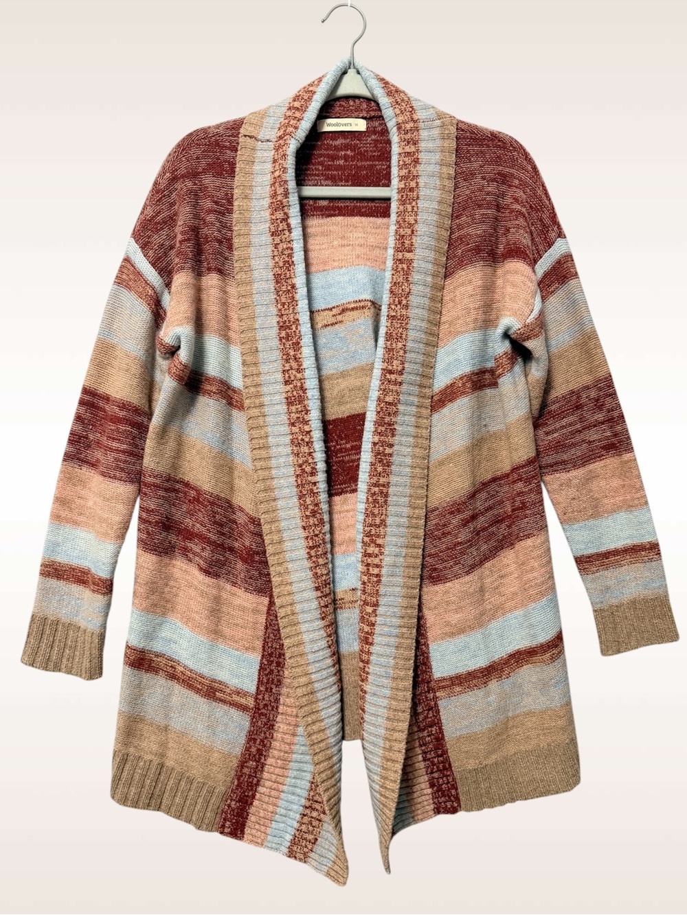 WoolOvers Striped Open Front Cardigan Sweater Size Medium 100% Wool Boho Cozy